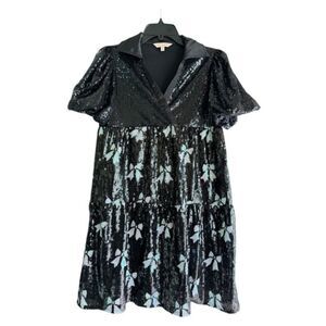 Simply Southern Collection Black Sequin Bow Puff Sleeve Collared Mini Dress -S